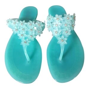 Kelly & Katie Floral Embellished Thong  Aqua Sandals Flip Flops Sz 11W